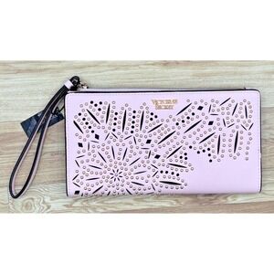 VICTORIA'S SECRET LASER‎ CUT STUDDED PINK/GOLD SLIM WRISTLET WALLET (NWT)
